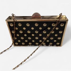 Gold Trim Black Studded Box Clutch with Chain Strap